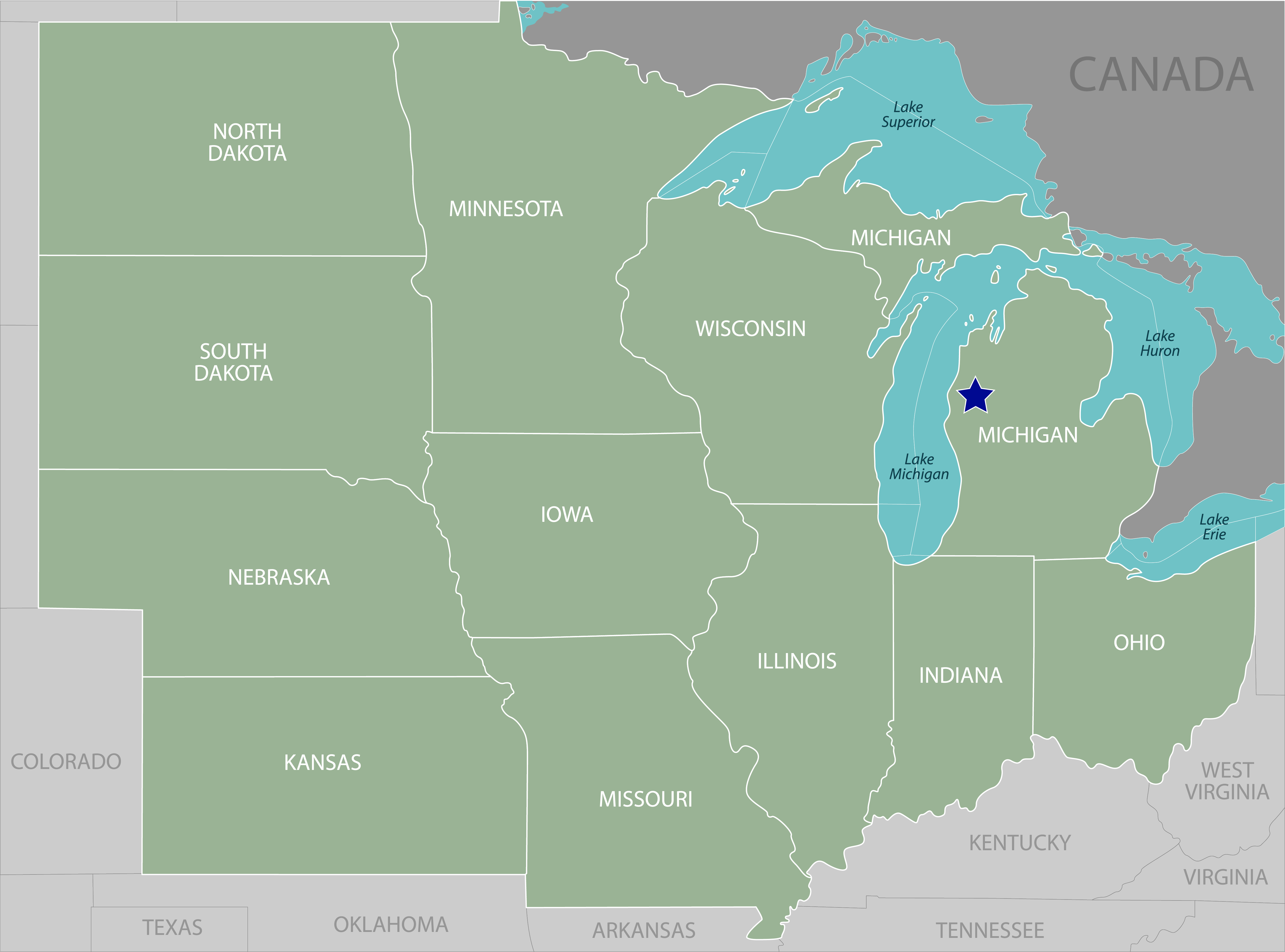 Midwest US with star for Lake County Michigan Location